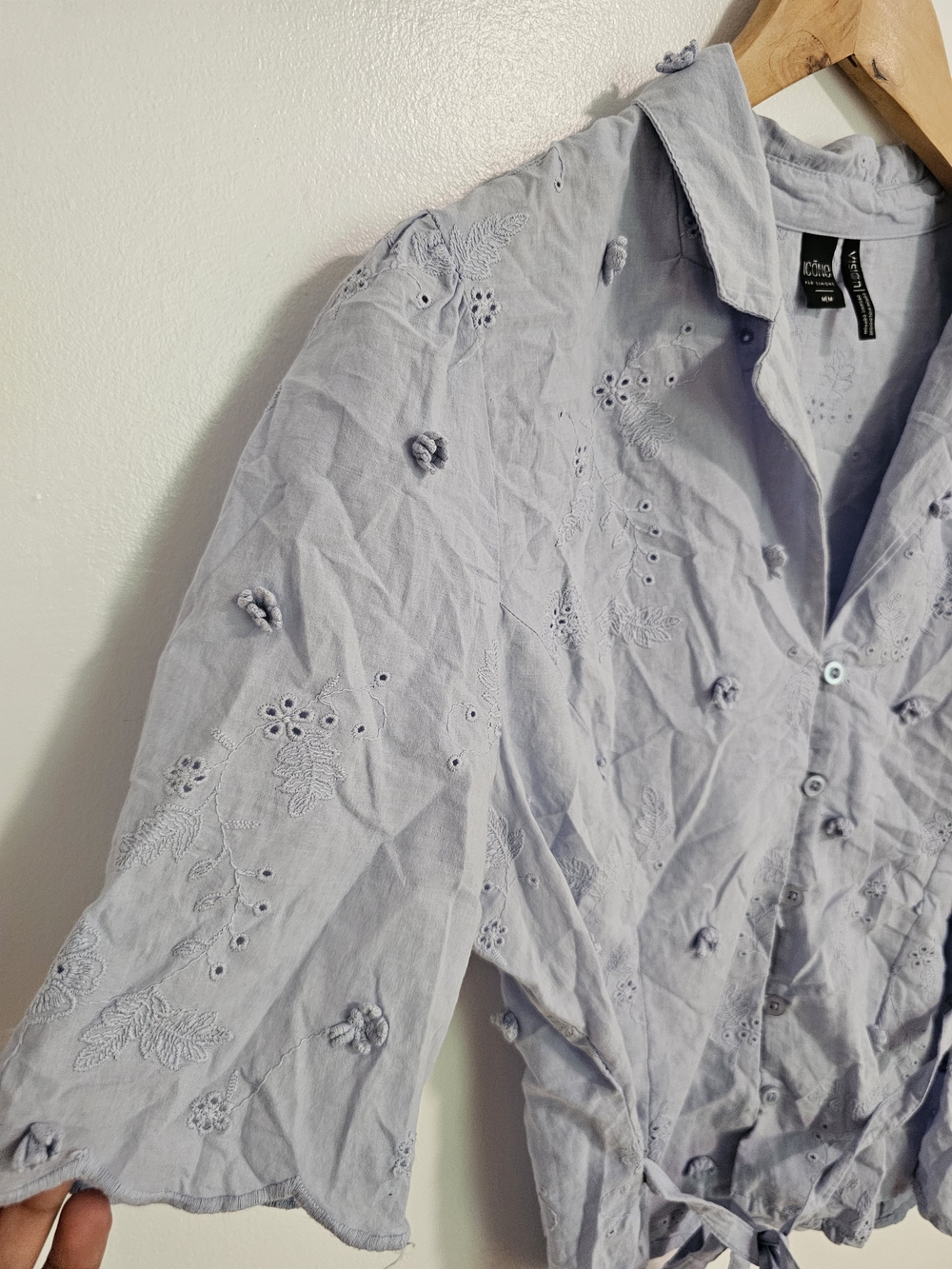 Simons Icone Lavender Eyelet Tie-Waist Shirt Size Medium Romantic 100% Cotton - Picture 5 of 11